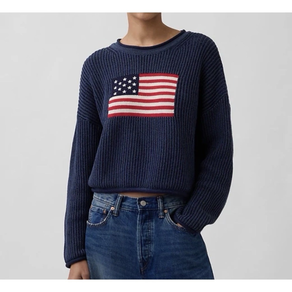 GAP 100% Cotton Oversized Americana Crop Sweater Women's Size L Blue Ribbed Knit